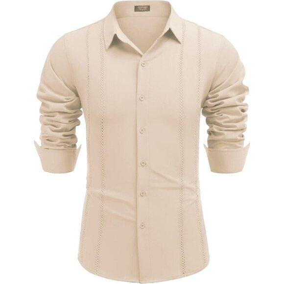 ❤️Mens Cream Cuban Shirt Casual Button Down Shirts Long Sleeve Beach Shirts - Picture 5 of 7